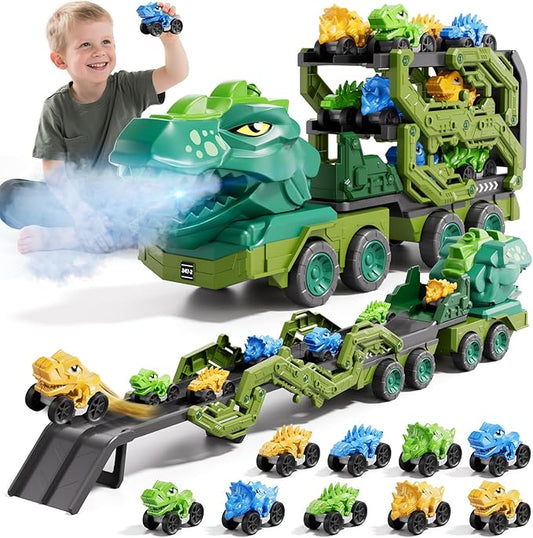 10 in 1 Dinosaur Truck Toys for Kids Toddlers Boys 3-5 4-8, Dino Carrier Truck with Foldable Track, Spray, Light & Sounds and 9 Dino Cars, Birthday Gifts for Kids Boys Girls 3 4 5 6 7 8 Year Old