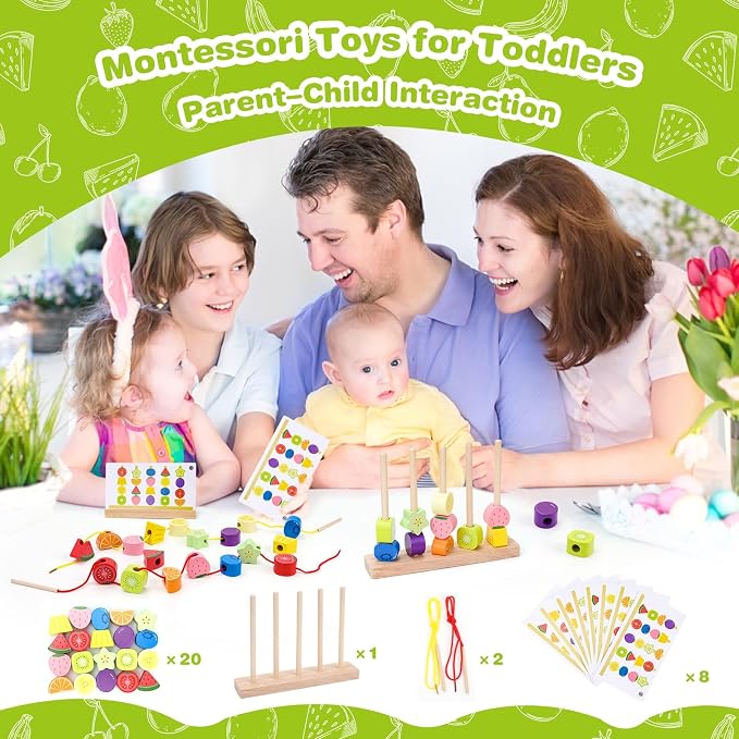 Appoft Montessori Wooden Beads Mastery Kit: Fine Motor Skills Builder for Toddlers 2-5 Stacking Blocks Lacing Beads Travel Learning Toys STEM Gifts for 2 3 4 5 Year Old Boys Girls Toys for Ages 2-4 - Image 2