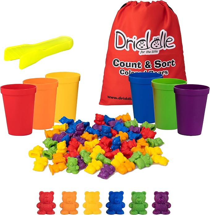 Driddle Colorful Counting Bears with Matching Cups - 60 Bears - Sort, Count & Color Recognition Learning Toy for Toddler & Kids - Montessori Education - Preschool Game by Driddle