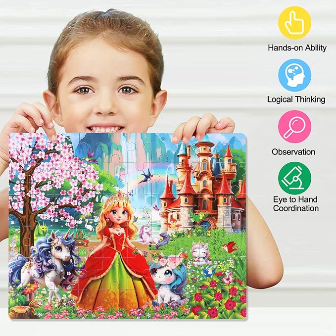 LELEMON 60 Pieces Jigsaw Puzzles for Kids Ages 4-8 Princess and Unicorns Puzzles Boys Girls Children Learning Educational Puzzles Portable Box Pack Toy - Image 5