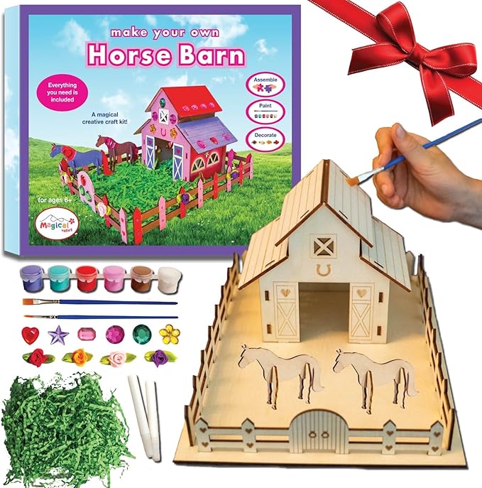 Magical Valley Horse Barn Craft Kit for Kids DIY Wooden Barn Building Set | Creative, Hands-On Arts & Crafts Activity for Horse Lovers | Imaginative Gift for Girls & Boys Ages 5-12