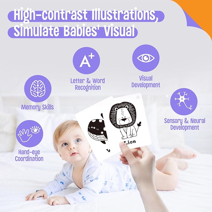 52 PCS Baby Visual Stimulus Cards, Double-Sided High Contrast Black and White, Colorful Alphabet Words Flashcards, Visual Sensory Development Montessori Cards Set for Newborn Baby, Kids, Preschool - Image 5