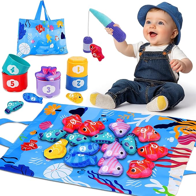 Montessori Toys for 1 Year Old: Cloth Fishing Game with Stacking Cups by Arovan