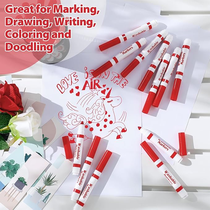 Janlaugh 36 Pcs Red Washable Markers Bulk Coloring Broad Line Markers for Kids Red Conical Tip Drawing Pen for Christmas, School Supplies, Travel Art Baby Shower Gender Reveal Party Supplies, Ages 6+
