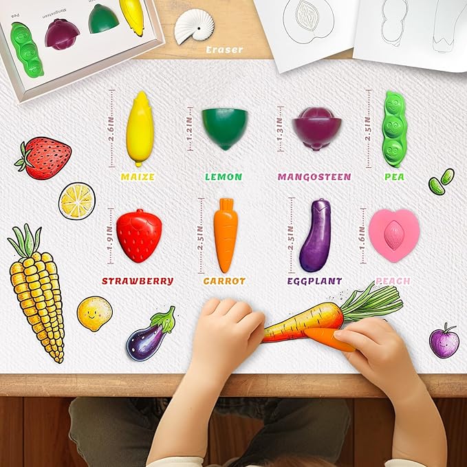 R&DLanci Toddler Crayons 8 Count, Non Toxic Washable Crayons for Toddlers, Unbreakable Easy-Grip Vegetable & Fruit Shaped Crayon for Little Hands, Art and Craft Supplies for Kids