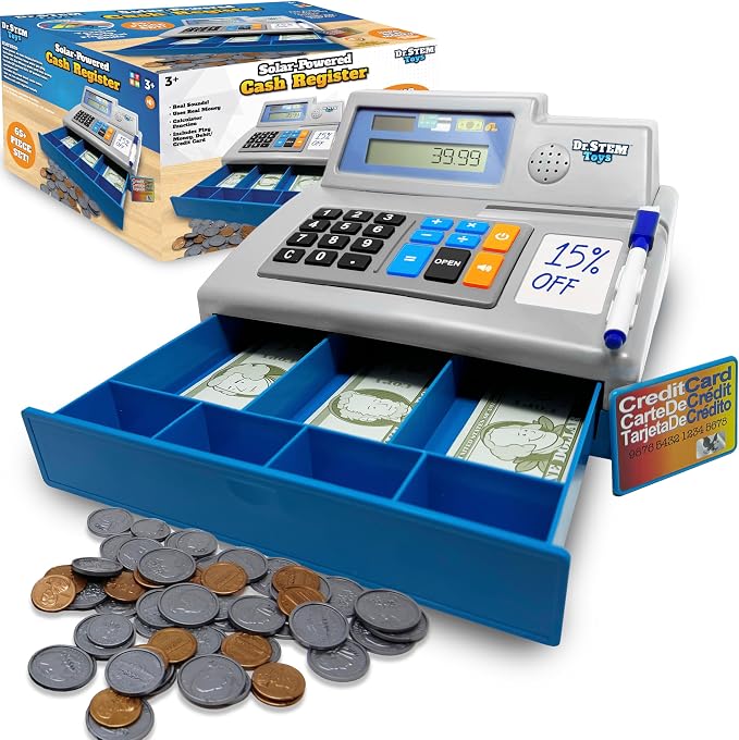 Dr. STEM Toys Solar Powered Calculator Pretend Cash Register with Play Money – 67-Piece Set for Learning Math Skills, STEM Cash Register for Kids (Gray) by THiNAiRToys-DrSTEM
