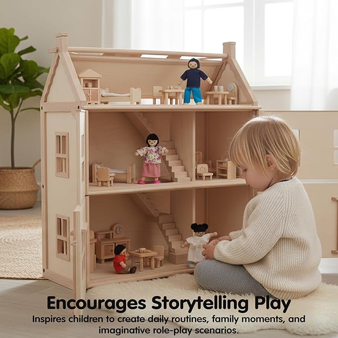 PlanToys® Wooden Dollhouse Family Set – Fair Skin Tone | 4 Poseable 1:12 Scale Doll House People | Montessori Pretend Play Figurines | Eco-Friendly Sustainable Wooden Toy for Kids