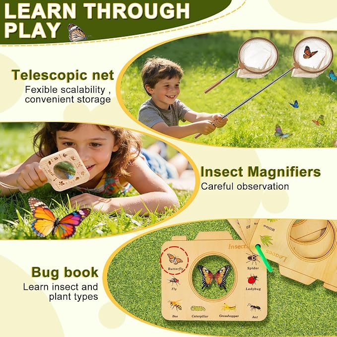 Wooden Bug Catcher Kit for Kids,10PCS Kids Bug Catching Kit with Bug Collector,Butterfly Net,Magnifying Glass,Toddler Bug Habitat Outdoor Explorer Kit Bug Collection,Nature Gift for Boys&Girls - Image 6