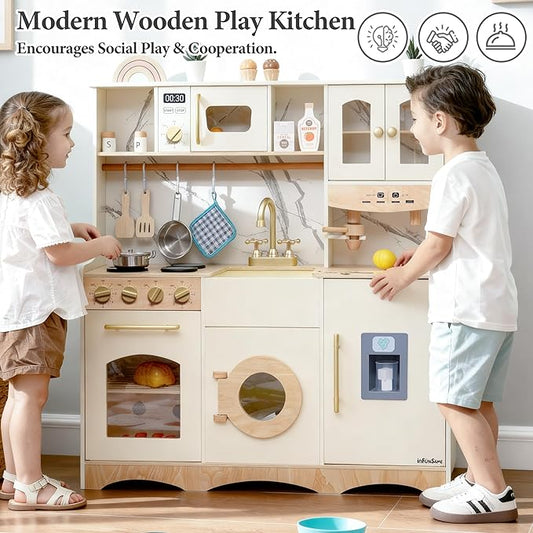 Play Kitchen set for kids and Toddlers with Realistic ICE Maker & Sounds,Wooden Toy Kitchen Set with 20 Accessories, Interactive Learning Toy for Pretend Play, Gift for Girls & Boys(Ages 3+)
