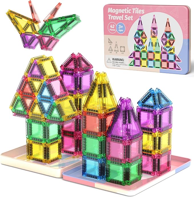 WMDXU Travel Magnetic Tiles Set : 42PCS Travel Set with Iron Box for Girls by WMXDU
