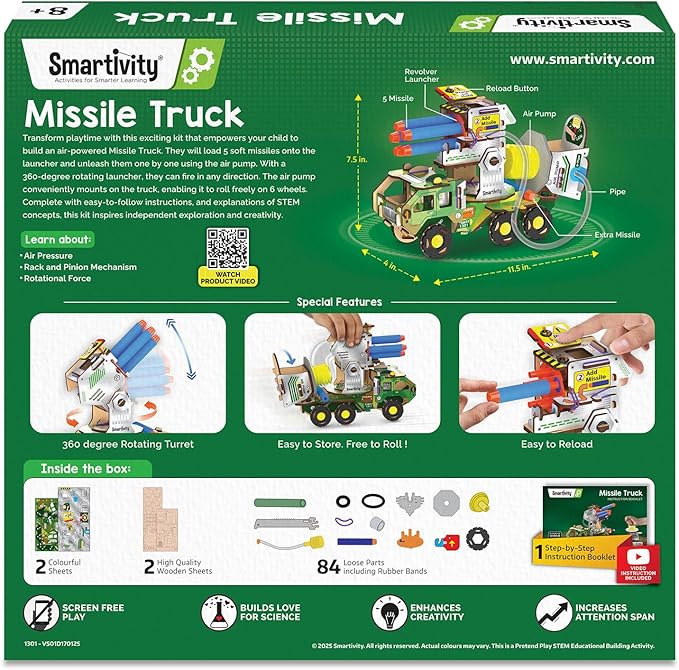 Smartivity DIY Military Vehicle for Kids | Missile Truck with Rotating Launcher | Best Birthday Gift for Boys&Girls | STEM Educational Toy with Air-Powered Missiles for 8,9,10,11,12,13,14 Years
