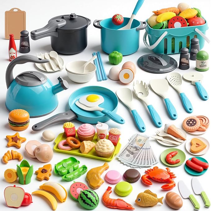 130Pcs Kitchen Playset, Toddler Pretend Cooking Play Pots, Pans, Utensils Cookware, Daily Food Fruit Veges, Shopping Storage Basket, Dessert, Prop Money, Learning Gift for Child (Turquoise) by Funpynani