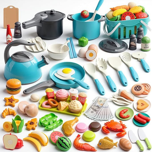 130Pcs Kitchen Playset, Toddler Pretend Cooking Play Pots, Pans, Utensils Cookware, Daily Food Fruit Veges, Shopping Storage Basket, Dessert, Prop Money, Learning Gift for Child (Turquoise) by Funpynani