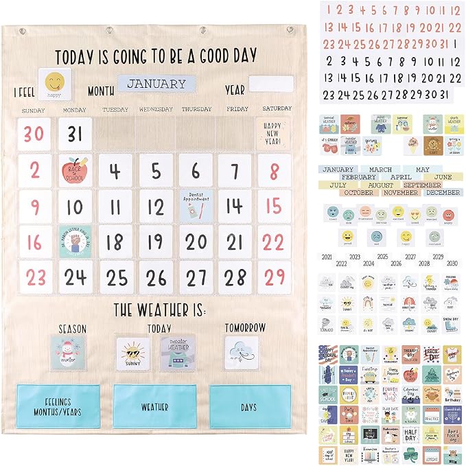 The Peanutshell Learning Calendar Wall Chart - Homeschool Supplies, Interactive Pocket Chart for Toddlers & Kids - Preschool Learning Activity Board, Circle Time Board for Classroom - Good Day by ThePeanutshell