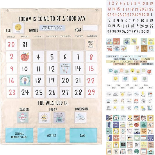 The Peanutshell Learning Calendar Wall Chart - Homeschool Supplies, Interactive Pocket Chart for Toddlers & Kids - Preschool Learning Activity Board, Circle Time Board for Classroom - Good Day by ThePeanutshell