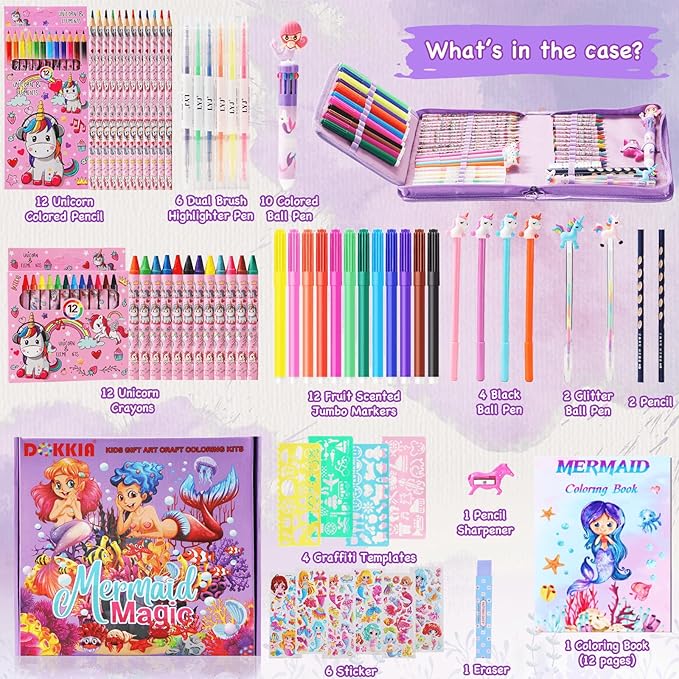 DOKKIA Fruit Scented Kids Coloring Pens Markers Set 65 PCS Art Craft Drawing Case Washable Kits Pencil Crayon&Coloring Book Supplies,Birthday Gifts for Girls 4-5-6-7-8-12 Year Old Mermaid Tail Purple