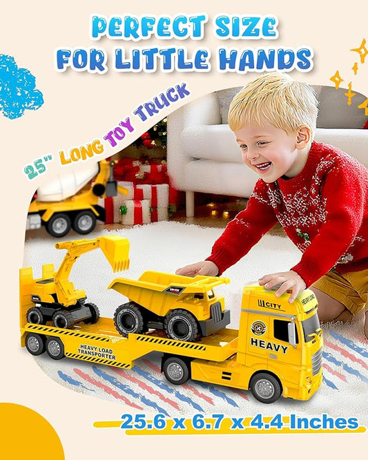 Construction Carrier Truck Toy with Excavator and Dump Truck, Friction Powered Toddler Toys with Light and Sounds, Gifts for Age 3+Years Old Boys & Girls