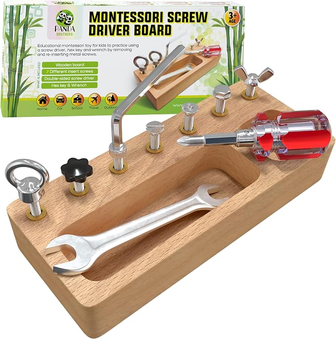 Panda Brothers Montessori Screwdriver Board Set - Wooden Montessori Toys for 4 Year Old Kids and Toddlers, Sensory Bin, Fine Motor Skills, STEM Toys by PandaBrothers