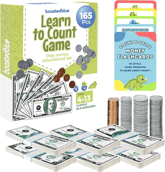 BOOSTEDBLUE Learn to Count Educational Play Money Game | 165 Piece Classroom Set | Ages 4+ | Paper Bills & Plastic Coins | Toy Money & Banking Play Set for Kids by BOOSTEDBLUE