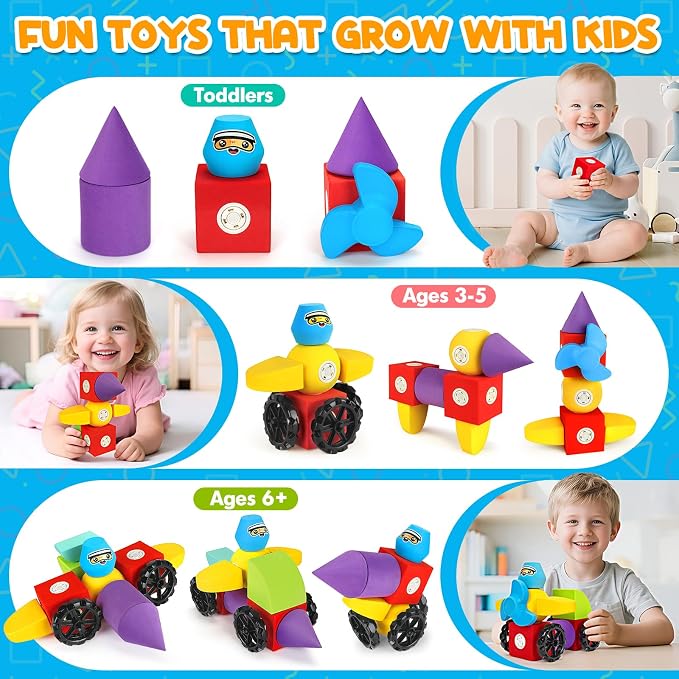Hodurgyi 15 PCS Magnetic Foam Blocks, STEM Preschool Toys for Children, Magnetic Building Blocks for Toddlers, Kids Bath Toys and Montessori Sensory Toys, Birthday for Boys & Girls Age 3 4 5 6+ - Image 4