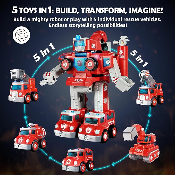 Rescue Hero 5-in-1 Transforming Robot and Fire Truck Toy for Boys 3-8 - Image 3