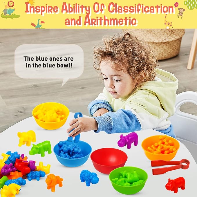 Counting Animals Color Sorting Stacking Matching Games with Rainbow Bowls Montessori Preschool Educational Learning Activities Fine Motor Skills Toys Easter Gift for Kids Ages 3+ - Image 2