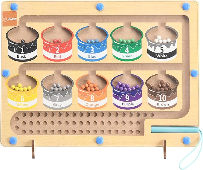 Magnetic Numbers Maze Toy for Kids with Colorful Beads, Montessori-Inspired Fine Motor Skills Learning Puzzle, Educational Counting and Sorting Game, Eco-Friendly Wooden Design
