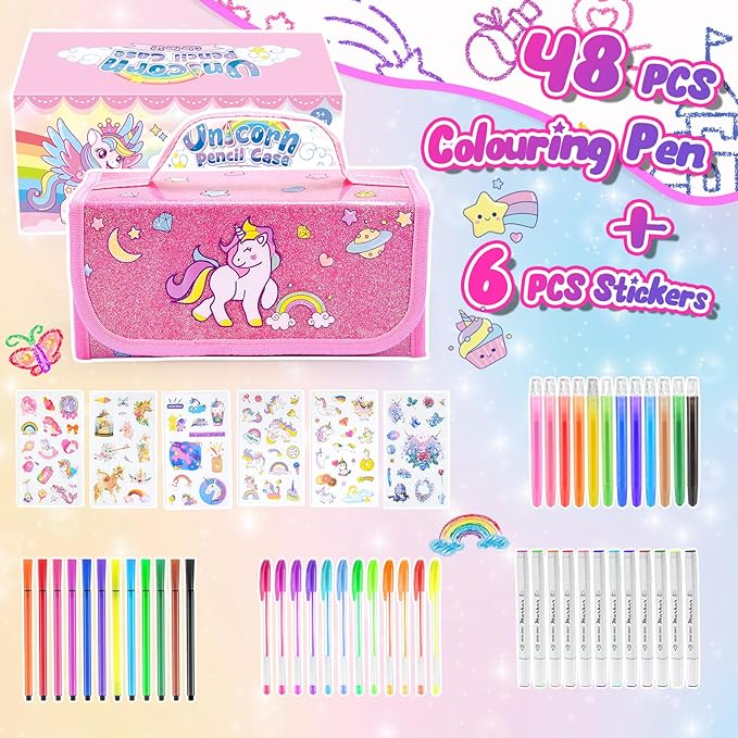 Unicorn Toys for Girls Age 4 5 6 7 8, Unicorn Washable Markers Set with Glitter Pencil Case, Girl Toys Coloring Drawing Kits Art Supplies for Kids 4-6 Birthday Christmas Gifts for 4-8 Year Old Girls