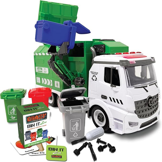 Crazy Truck 1:16 Scale Recycling Garbage Truck Toy with Lights & Sounds, 4 Recycle Cans, 40 Flash Cards, Tools – DIY Take-Apart for Kids – Realistic Mechanical Arm for Lift & Dump Trash Play