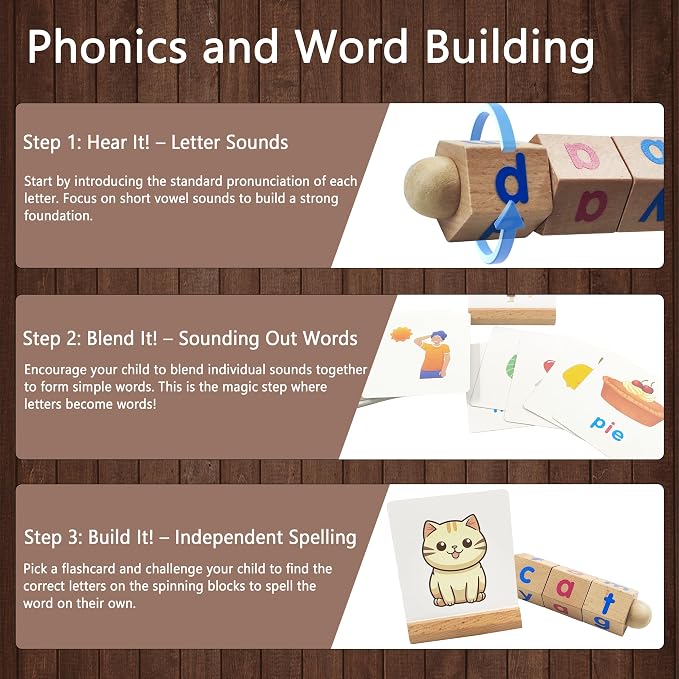 Phonics Games for Kids Ages 2-4, CVC Word Games Kindergarten, Wooden Reading Blocks Toys, Montessori Learning Toys for 3-6 Years Old, Preschool Educational Activities Gift for Boys Girls - Image 5