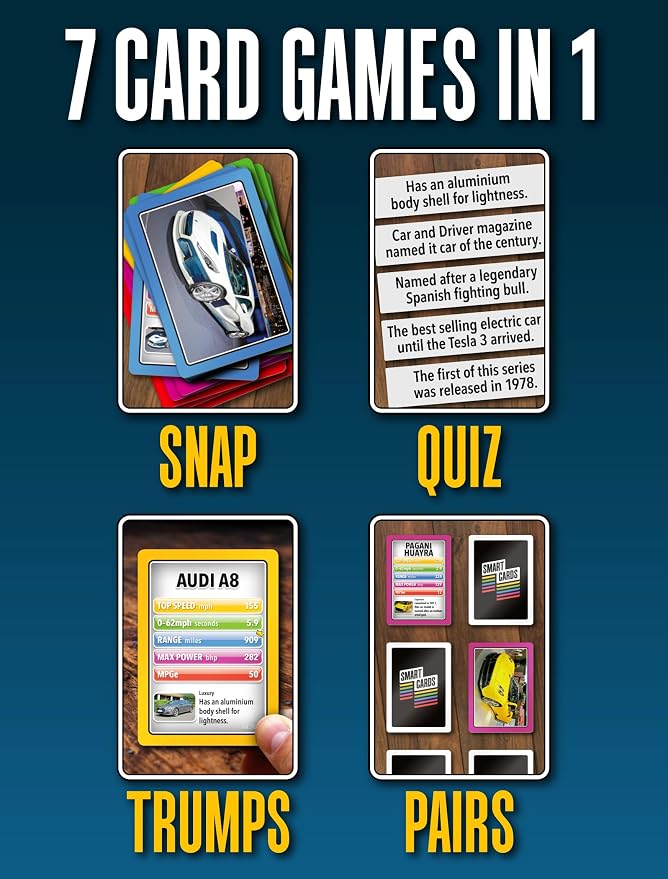 SMART CARDS Cars, Gift, Stocking Stuffer, Travel Game, 7 Games in 1, Pairs, Snap, Trumps, Rummy, Memory Quiz, Learn Facts, Age 5+, 1-8 Players - Image 4