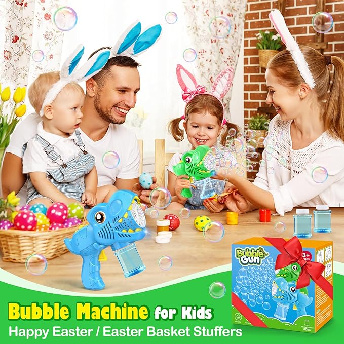 Kids Bubble Gun 2 Pack Dino Bubble Machine Gun for Toddlers with 4 Solutions Automatic 13-Hole Bubbles for Kids Blower Maker Easter Basket Essentials Stuffers Valentines Gift Party Toys for Boys Girls