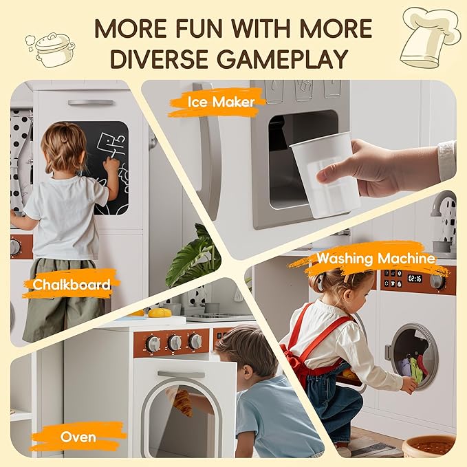 Wooden Play Kitchen with 180 Degree Rotation, Interactive Kids Corner Toy Kitchen Playset with Lights & Sounds, Toddler Kitchen Play Set with Realistic Accessories for Girls Boys Ages 3+, White