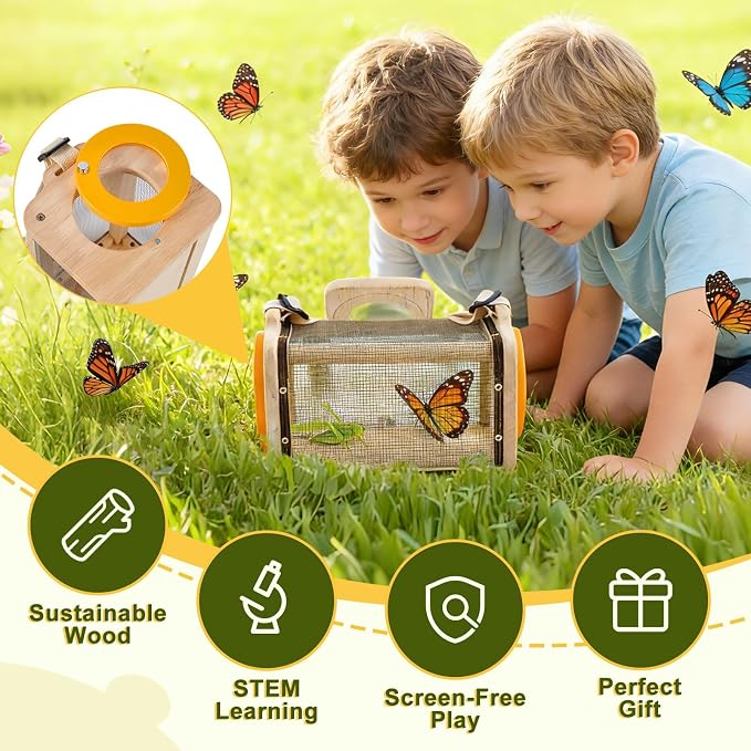 Wooden Bug Catcher Kit for Kids,10PCS Kids Bug Catching Kit with Bug Collector,Butterfly Net,Magnifying Glass,Toddler Bug Habitat Outdoor Explorer Kit Bug Collection,Nature Gift for Boys&Girls - Image 4