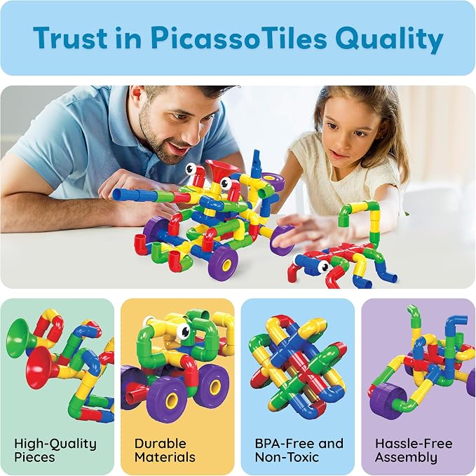 PicassoTiles PTT136 136pcs Tubular Pipes & Spout STEAM Interlocking Educational Building Block Set, Tube Locks, Pipeworks Construction Blocks w/Storage Container Box, Idea Book, Flute Musical Kit - Image 8