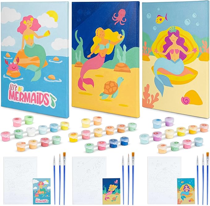 BONNYCO Paint by Numbers Kit for Kids Mermaid Pack 3 Canvas. Paint by Number Canvas Framed Pre Drawn, Mermaid Gifts for Girls Painting. Arts and Kids Crafts 4-6 8-12, Pintar por Numeros Niñas