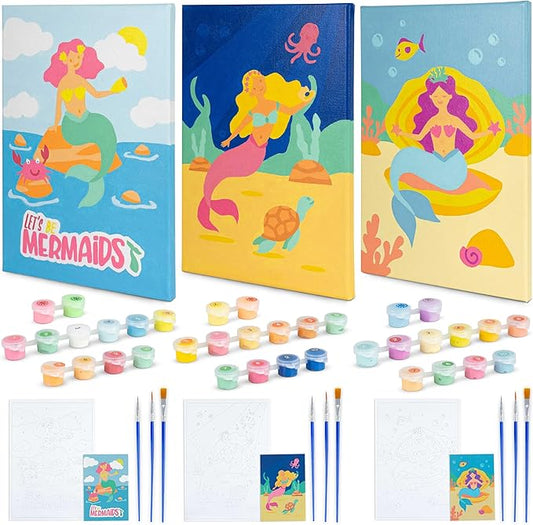 BONNYCO Paint by Numbers Kit for Kids Mermaid Pack 3 Canvas. Paint by Number Canvas Framed Pre Drawn, Mermaid Gifts for Girls Painting. Arts and Kids Crafts 4-6 8-12, Pintar por Numeros Niñas