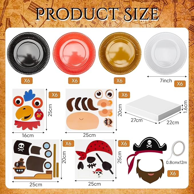 24 Pack Arts and Crafts Kits for Kids, DIY Creative Pirate Paper Plate Craft Kit, Make Your Own Pirate Plate Crafts Sets, Fun Preschool Classroom Birthday Party Art Activities for Boy & Girl