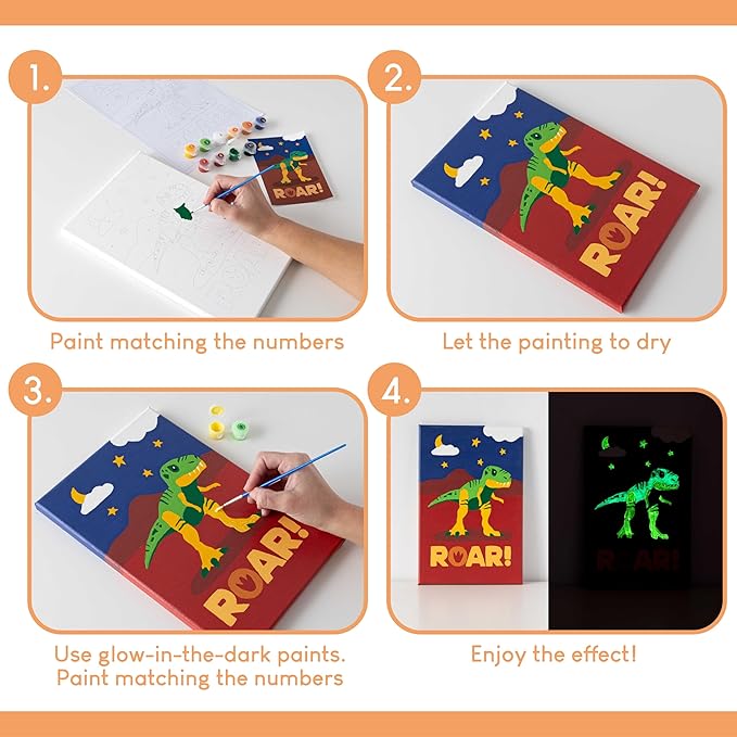 BONNYCO Paint by Numbers Kit for Kids Dinosaurs Pack 3 Canvas. Paint by Number, Canvas Framed Pre Drawn. Dinosaurs Gifts for Boys, Arts and Kids Crafts 4-6 8-12. Pintar por Numeros, Dino Craft
