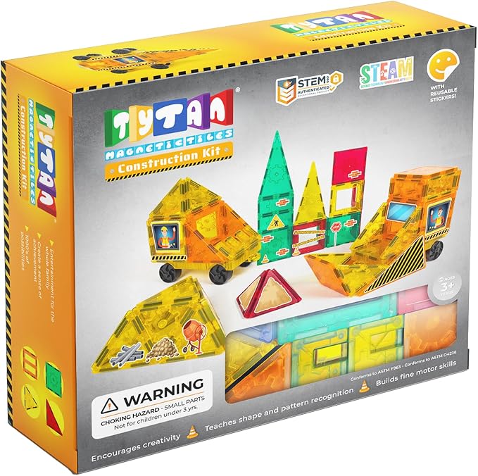 Tytan Tiles Construction Site & Trucks 60-Piece Magnetic Tiles Building Set, Fun Kids’ STEM Toy, Creative Play, Shape & Pattern Recognition, Fine Motor Skills, Includes Storage Bag, Ages 3 and Up by TytanToys
