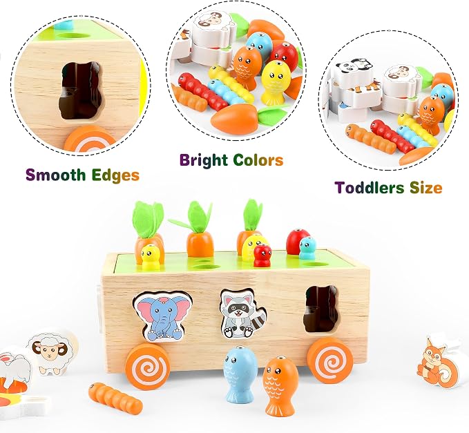 Montessori Wooden Pull Along Toy, Shape Sorting Educational Game for Toddlers 1-3 Years Old. Perfect First Birthday Gift for Baby Boys Girls, Preschool Learning Toy Develops Fine Motor Skills - Image 3