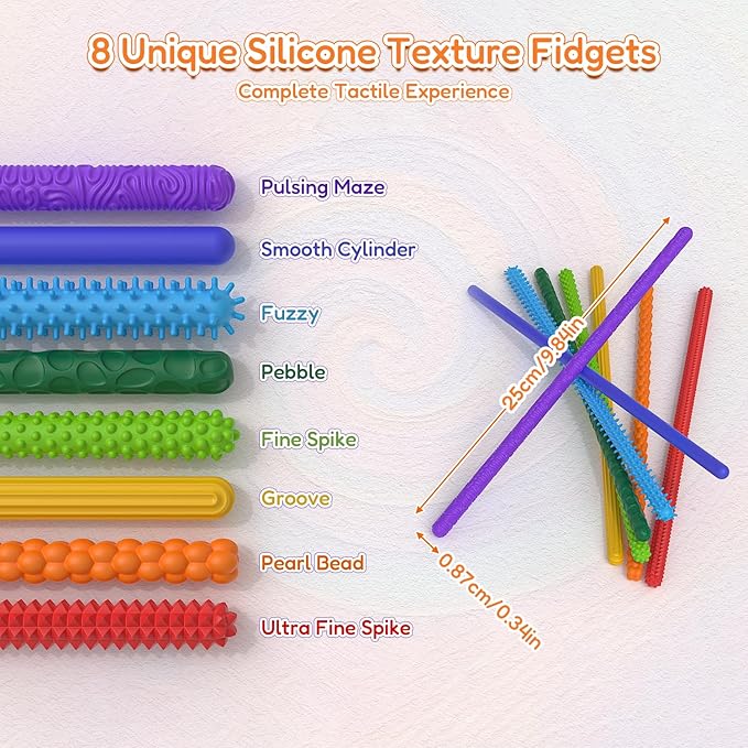 Silicone Sensory Sticks for Kids Adults, Textured Flexible Fidget Sticks Toys for Autism ADHD, Classroom Travel Anxiety Relief Toy, Christmas Stocking Stuffers Gift for Teens (8 PCS)