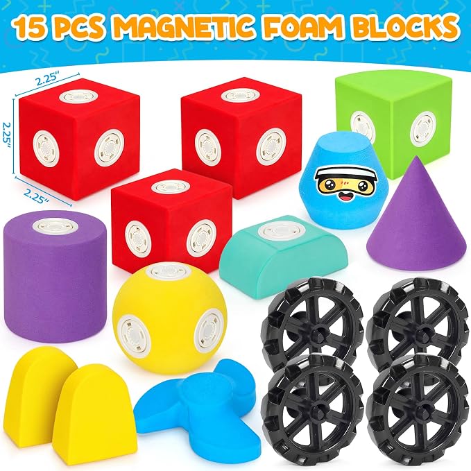 Hodurgyi 15 PCS Magnetic Foam Blocks, STEM Preschool Toys for Children, Magnetic Building Blocks for Toddlers, Kids Bath Toys and Montessori Sensory Toys, Birthday for Boys & Girls Age 3 4 5 6+ - Image 6