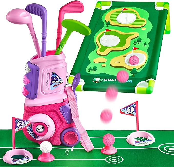 PJG Toddler Golf Set with Mat & Cornhole Board, Plastic Kids Golf Clubs 3-5 with 4 Golf Clubs and 10 Balls, Golf Toy with Cart for Boys and Girls Aged 1 2 3 4 5 Years Old Birthday (Pink)