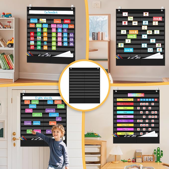 AKAYOK Daily Schedule Pocket Chart - Clear 19 Pocket Chart for Classroom with 22 Reusable Dry-Erase Cards | Perfect for Flash Cards/Sentence Strips/Cleaning Schedule and Checklist/Calendar Cards - Image 2