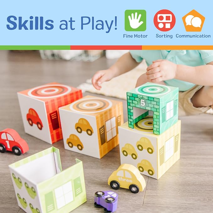 Melissa & Doug Nesting and Sorting Garages and Cars with 7 Graduated Garages and 7 Stackable Wooden Cars - FSC Certified - Image 5