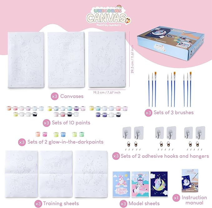 BONNYCO Paint by Numbers Kit for Kids Unicorns Pack 3 Canvas. Paint by Number, Canvas Framed Pre Drawn. Unicorn Gifts for Girls, Arts and Kids Crafts 4-6 8-12. Pintar por Numeros, Unicorn Craft
