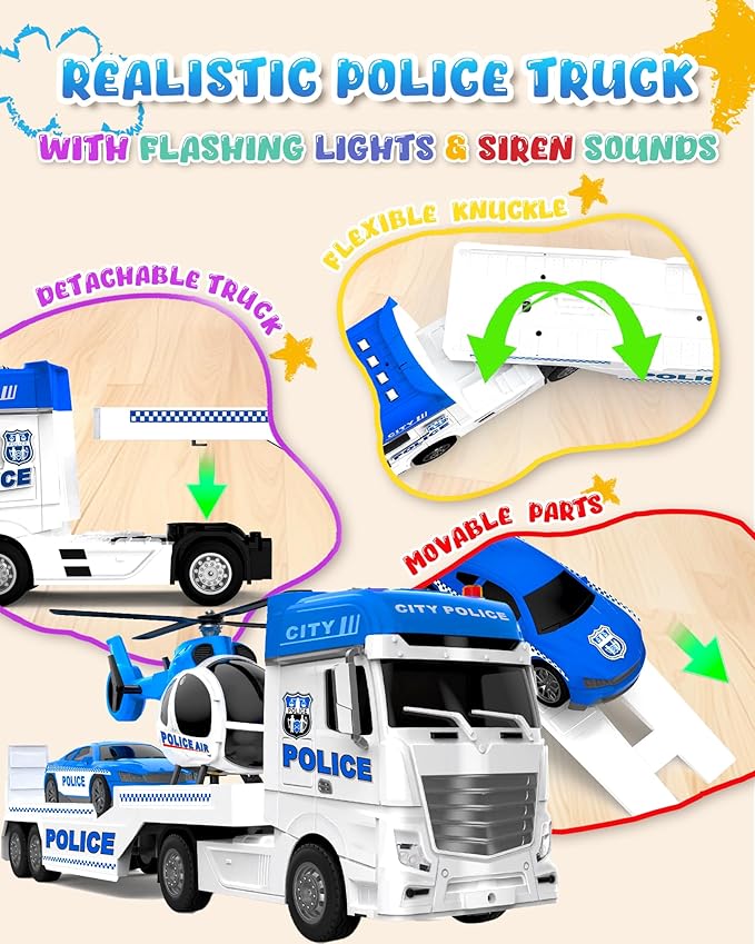 Toddler Boy Toys for 3 + Year Old, Large Semi Truck Toy with Racing Car and Helicopter Toy， Police Car Toy, Birthday for Kids Child Over 3 Years Old, 25''