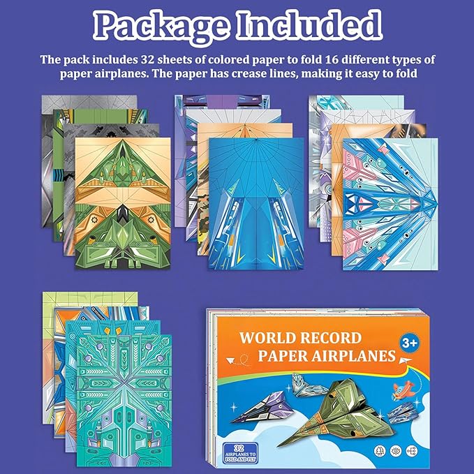 Paper Airplanes for Kids, Paper Airplane Craft Kit Origami Kits for Boys and Girls Ages 6-12, Includes 32 Colorful Papers Planes (Digital Manual Only, Fun and Easy to Fold)