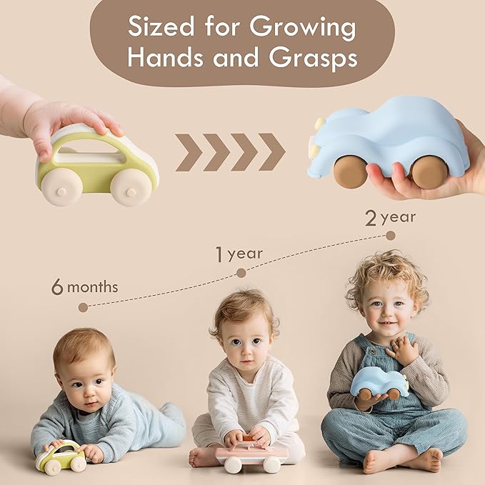 Moonkie Food Grade Silicone Toy Cars for Toddlers 1-3, Push and Go Baby Car Toys 6-12 Months+, One-Piece Design Infant Toys, Birthday Gifts for 1 Year Old Boy Girl, Easy to Clean & Grasp, 5 Pack